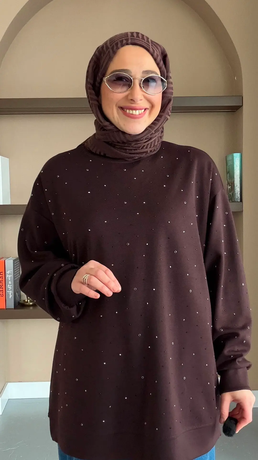MASAL TAŞ DETAYLI SWEAT - KAHVE